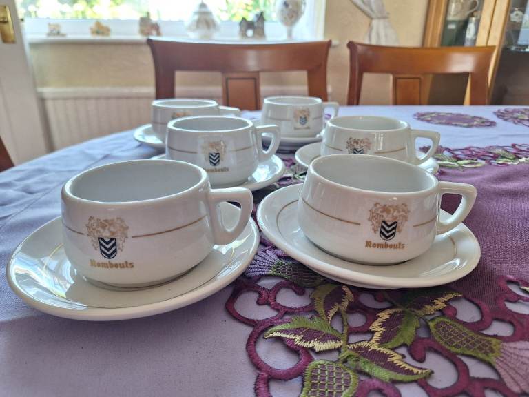 Rombouts White Coffee Cups & Saucers – Set of 6, Good Condition