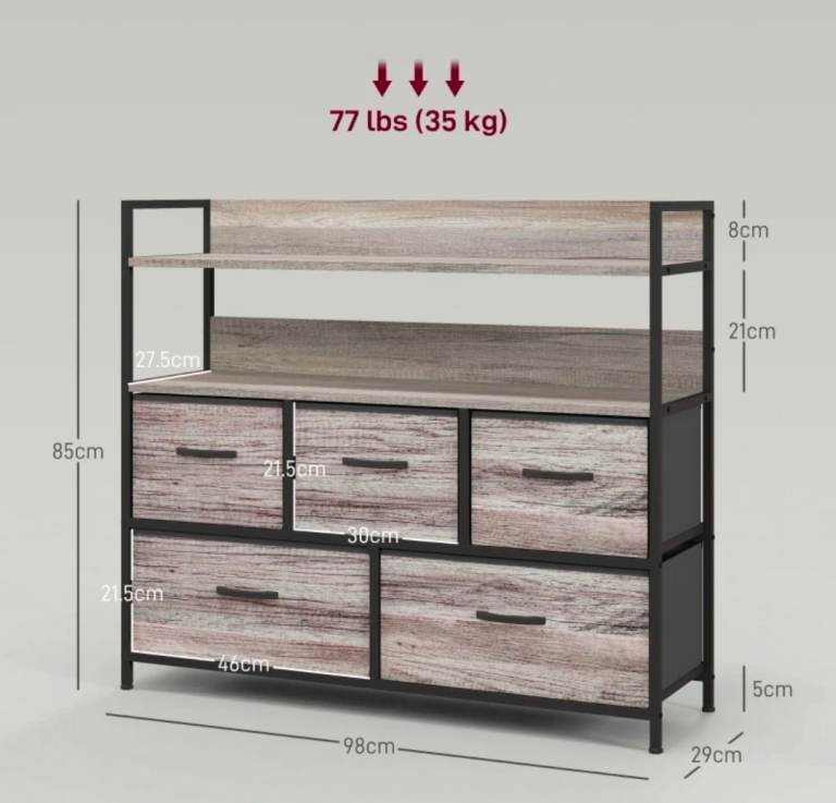 HOMCOM Rustic Chest of Five Fabric Drawers, Sideboard - Grey Wood Effect
