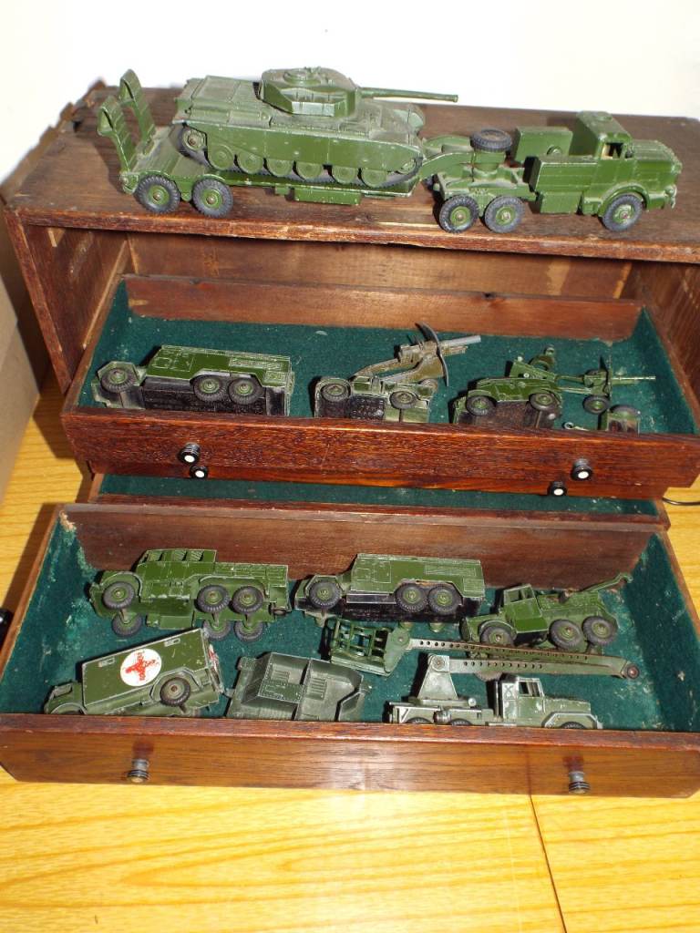 Vintage Wooden Cabinet with toys Dinky etc job lot £100