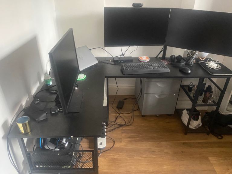 Black Corner Desk with Shelving – Good Condition - 2 sockets and 2 USB ports