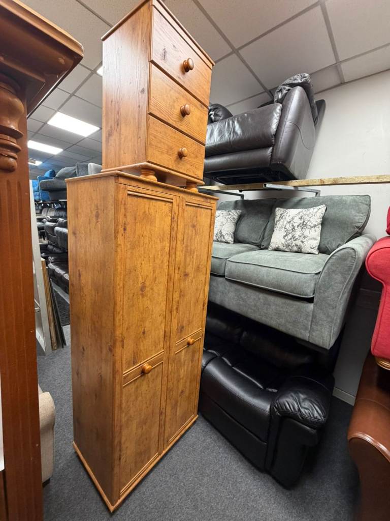 Tiger wood double door wardrobe and matching bed side cabinit £95