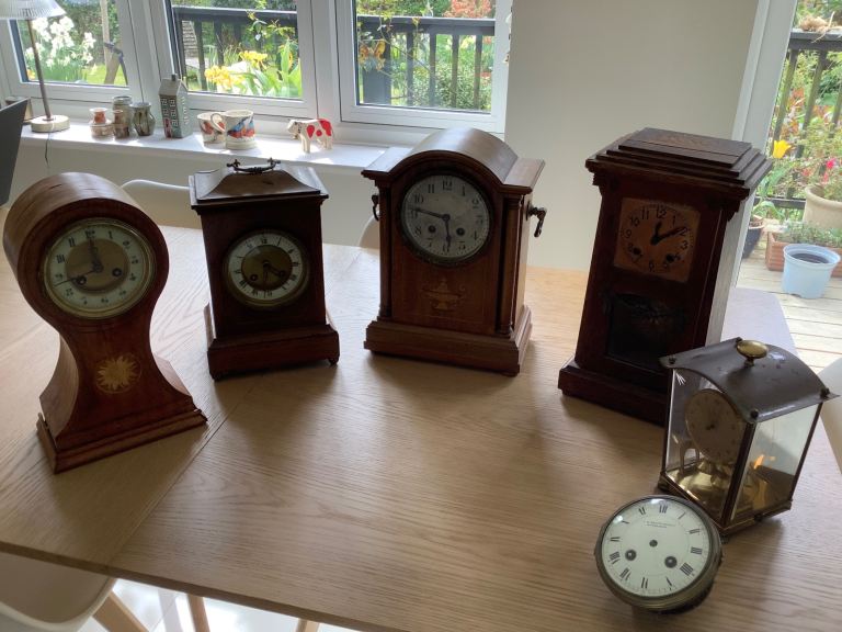 Collection of old clocks and cases, not working for restoration 