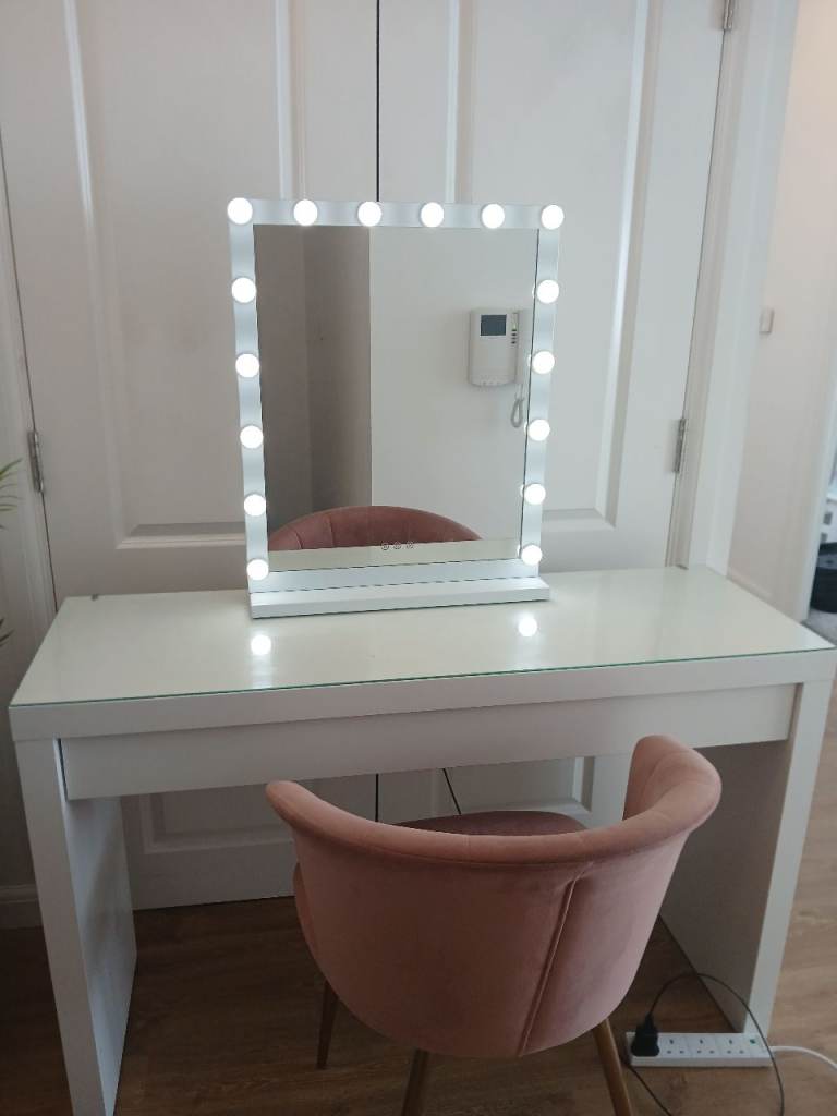 White Make-Up desk with Light mirror and chair. Selling as a whole