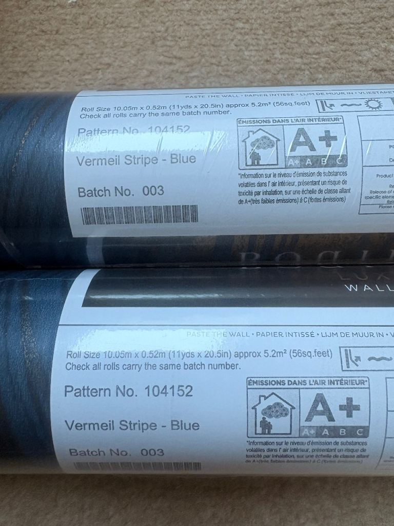 Boutique Vermeil Stripe Blue Wallpaper - Two Rolls, New, £10.00 for Sale