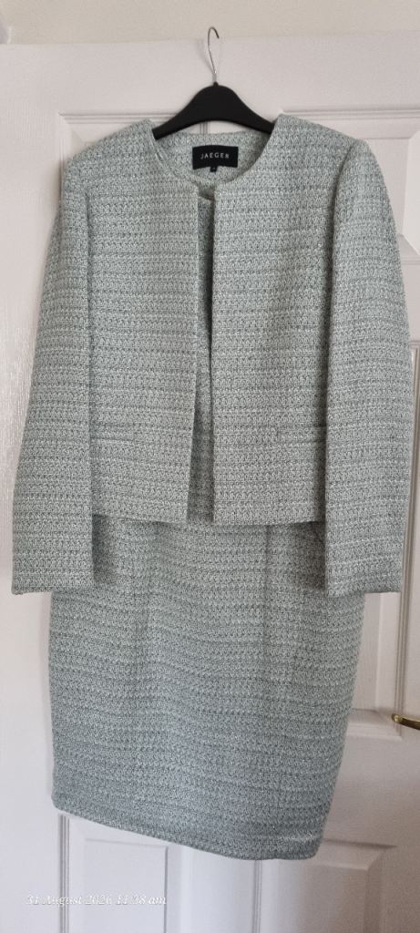 Size 14 JAEGER Green Tweed Jacket and Dress Set - Good Condition