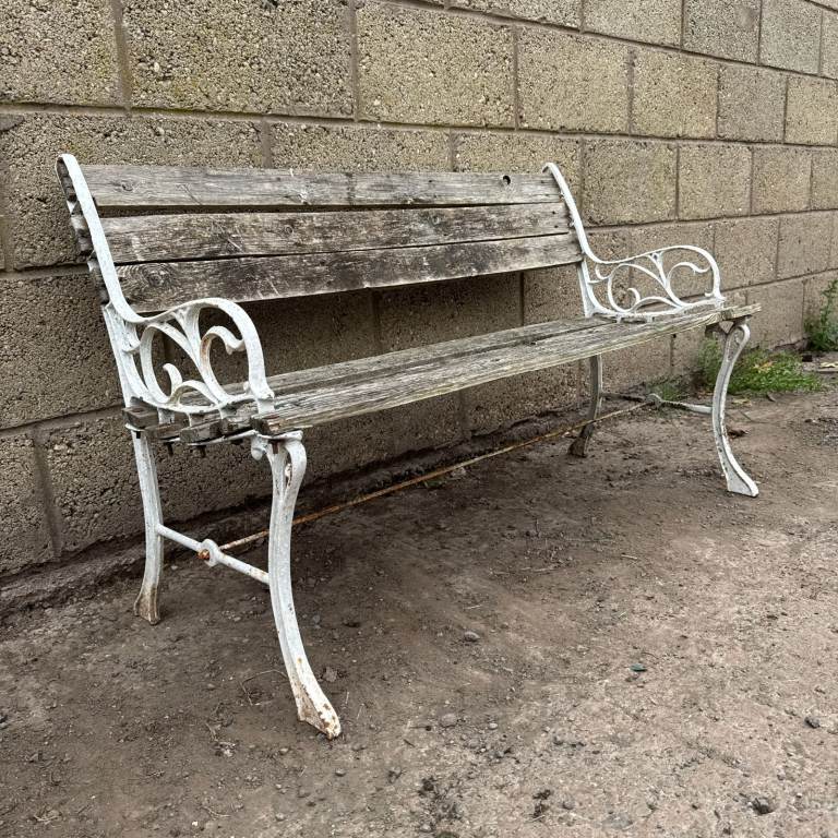 Vintage Garden Bench Cast Metal & Teak White Ornate Ends Restoration Project (I)