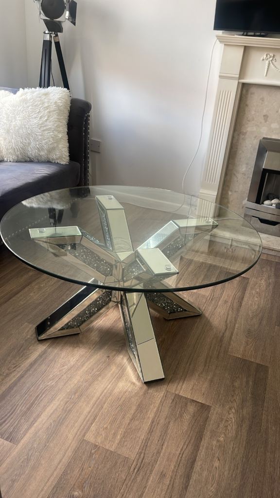 Stunning Modern Glass Coffee Table with Mirrored Crystal Base – Luxury Designer Style