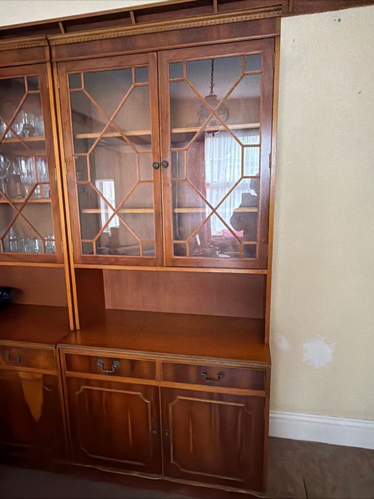 Vintage/ antique wooden display cabinet with shelves and draws