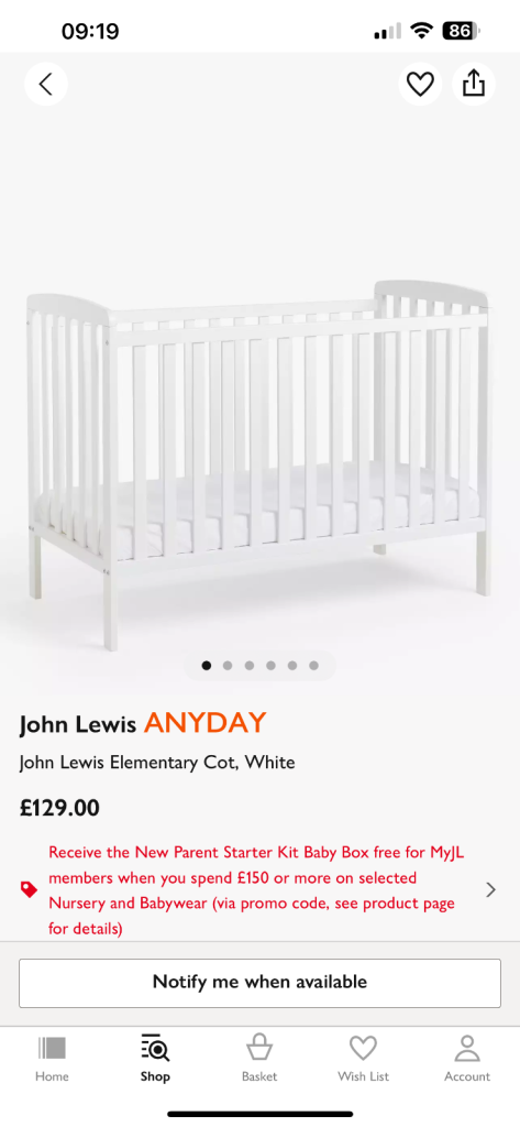 John Lewis Cot Bed and mattress - almost brand new 120 x 60cm