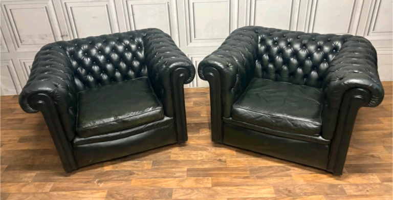 Pair of Green Leather Chesterfield Armchairs – Excellent Condition