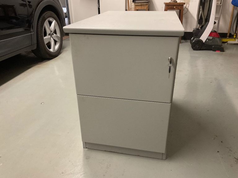 Grey Metal Filing Cabinet with Two Drawers and Key