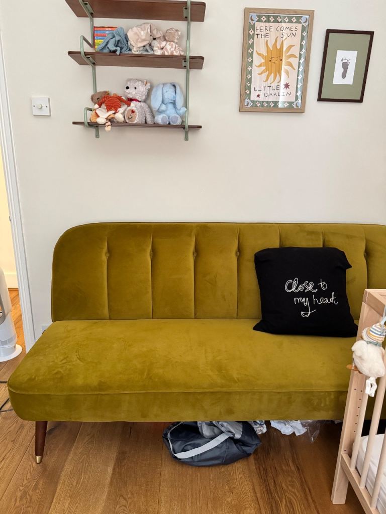 Mustard Yellow Velvet Sofa / fold-out bed – Good Condition