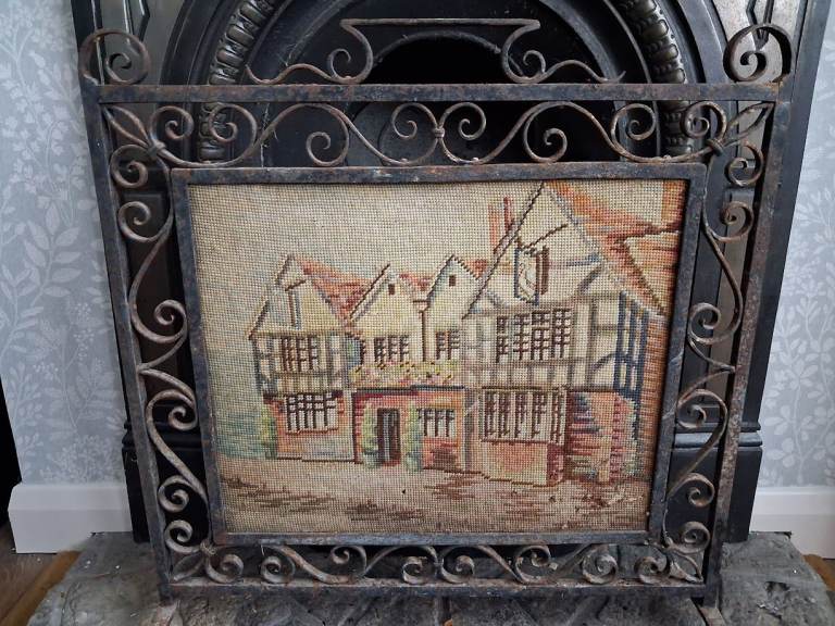 Antique Beautiful cast iron fire cover - Tapestry centre - Hand Made.