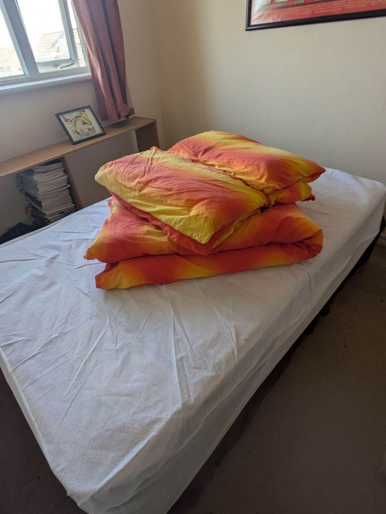 Free: Small double divan bed & mattress plus vallance, mattress protector and bedding set.