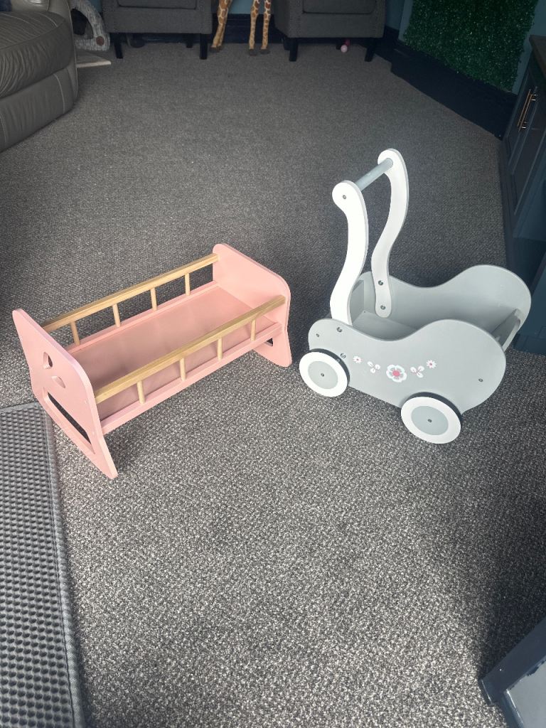 Wooden pram and cot dolls girl toys 