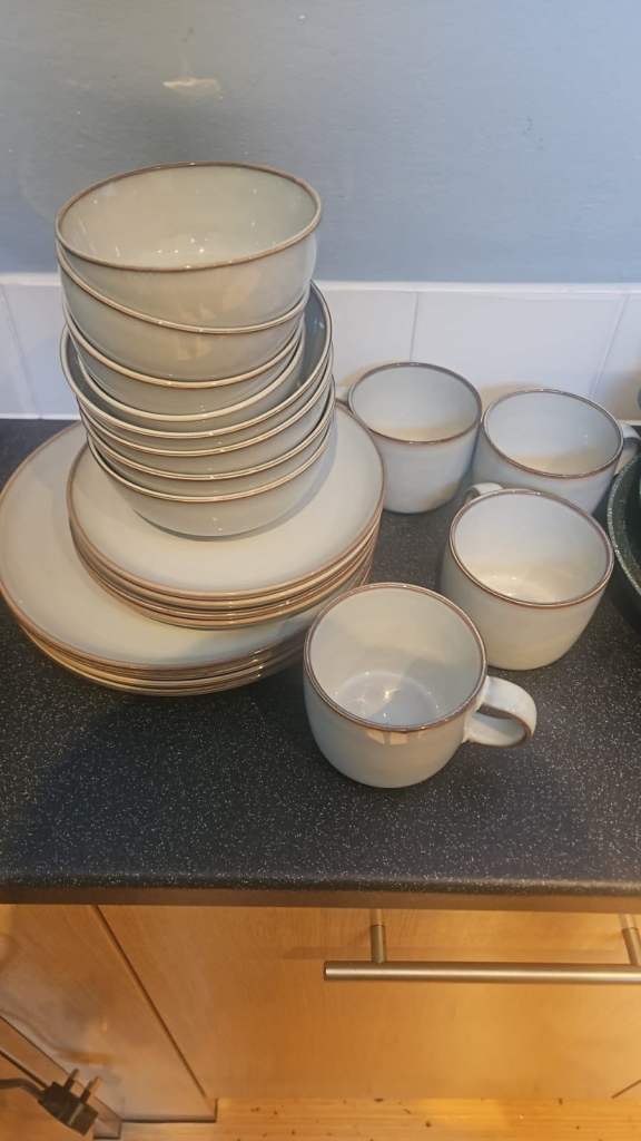 Dinnerware Set - White with Brown Rim, Good Condition