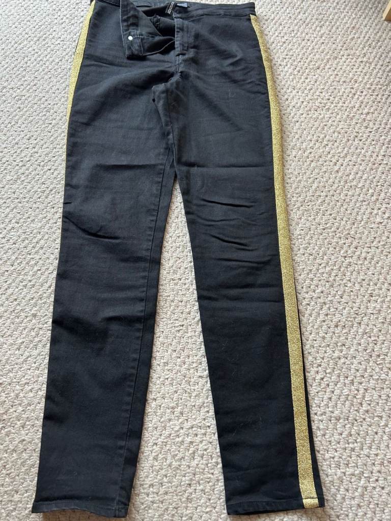 Ladies H&M Divided, Black Dressy Jeans, size 42 (14), gold colour on outer leg, 