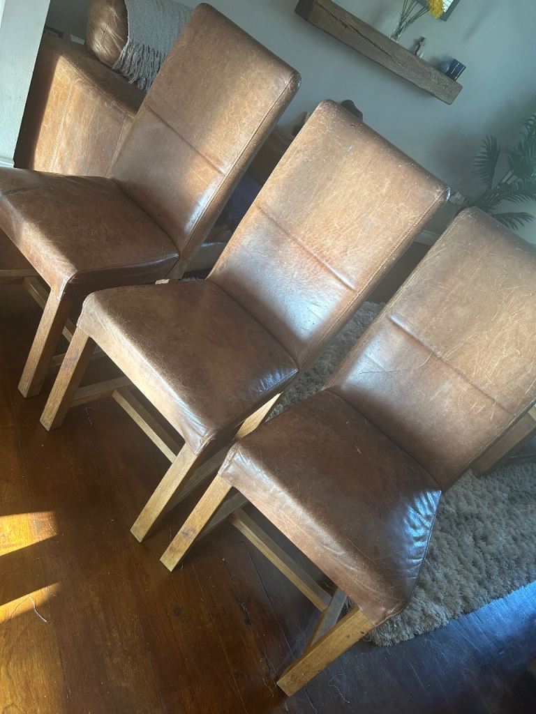 8 solid wood real leather tan dining room chairs 