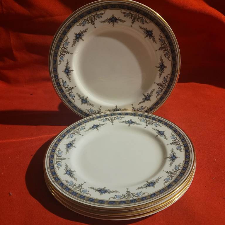 4 x Minton Grasmere Blue & Gold Trim 8" Salad Dessert Lunch Plates c1980 Excellent Condition ML