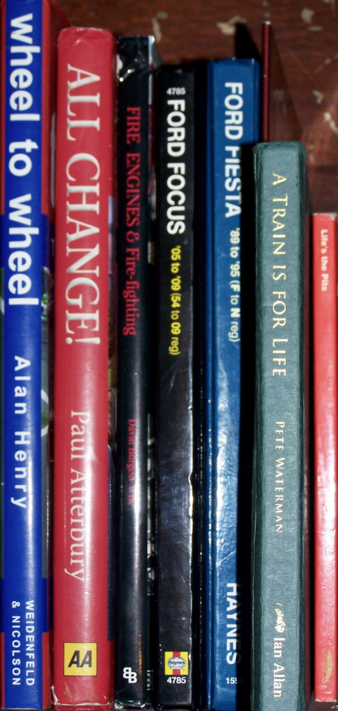 Lots of transport books! Motor sport, car manuals, trains, fire engines! Going cheap! ;)