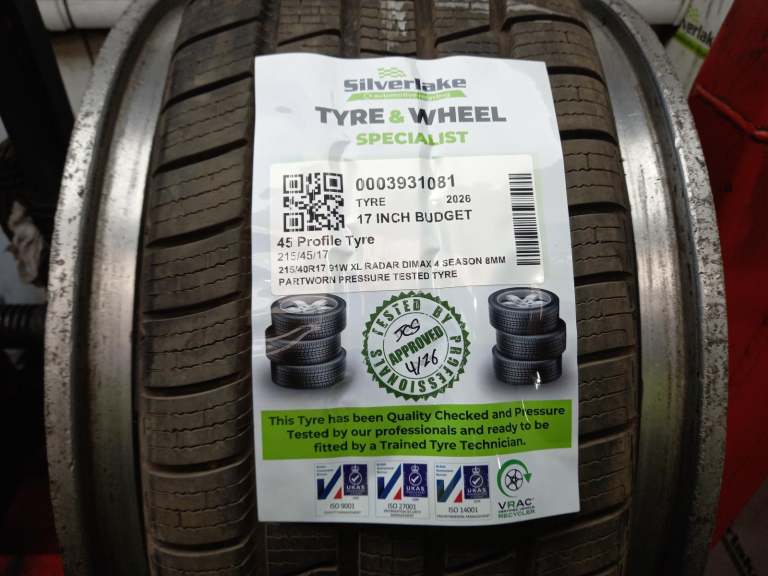 215/40r17 91w Xl Radar Dimax 4 Season 8mm Partworn Pressure Tested Tyre