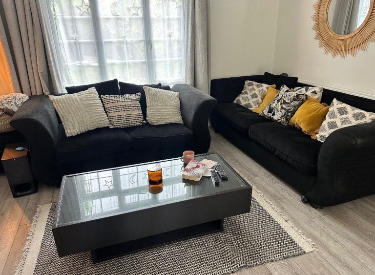 Black Fabric Sofas – 2-Seater & 3-Seater Set, Good Condition