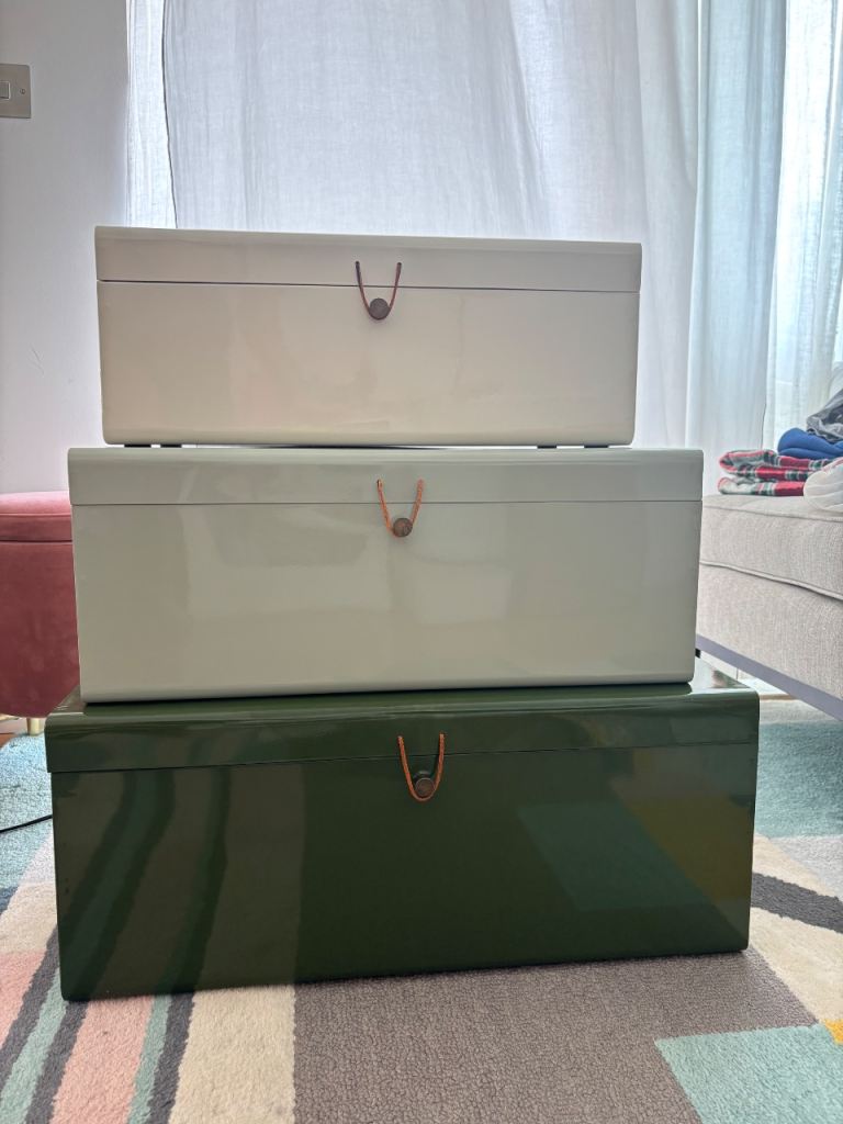 Madecom made three green/cream metal nested storage boxes 