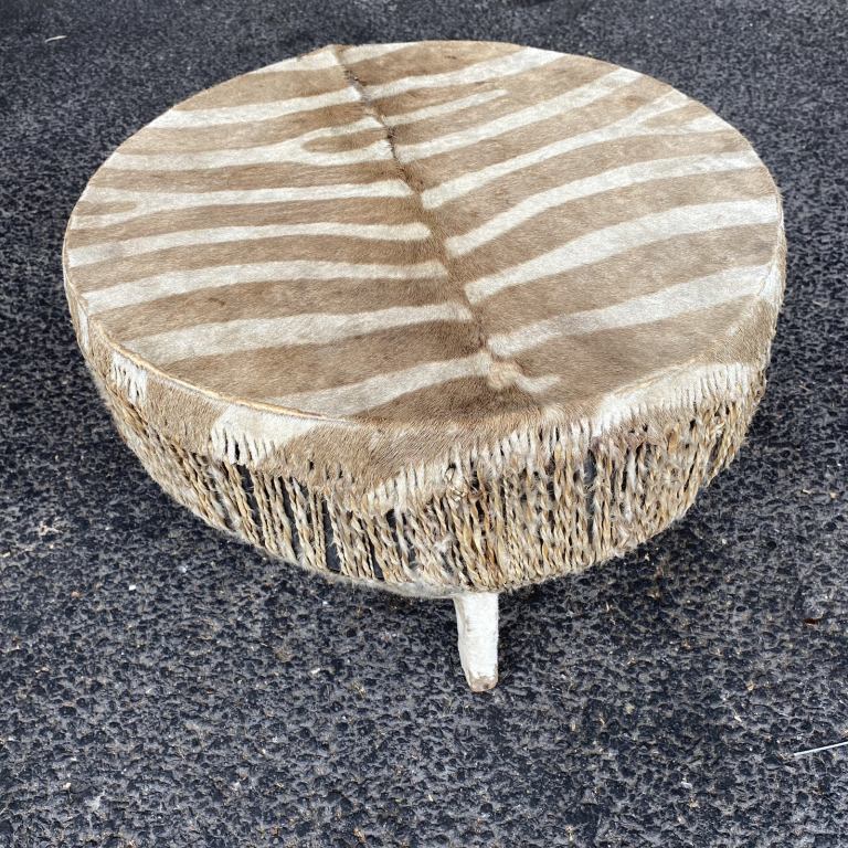 rare Antique vintage zebra hide drum coffee table African 