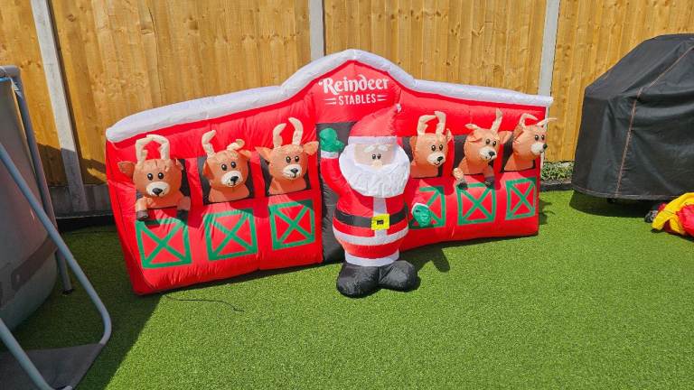 Inflatable Santa and Reindeer Stables Christmas Decoration