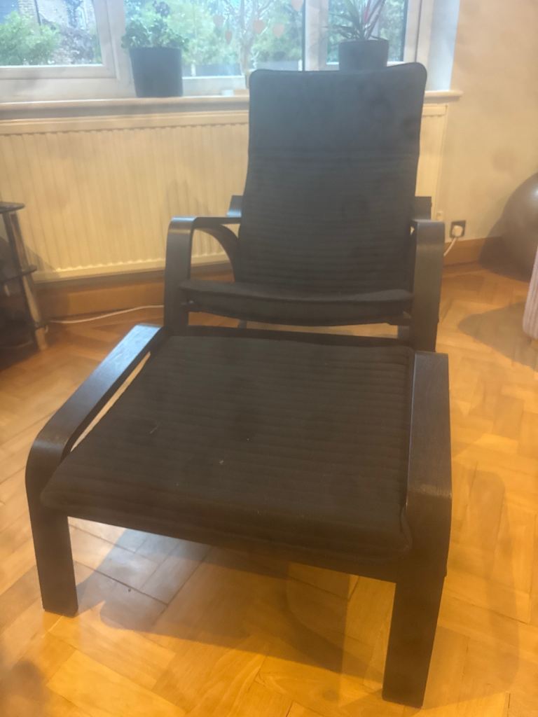 Black Wooden Armchair with Footrest – Good Condition