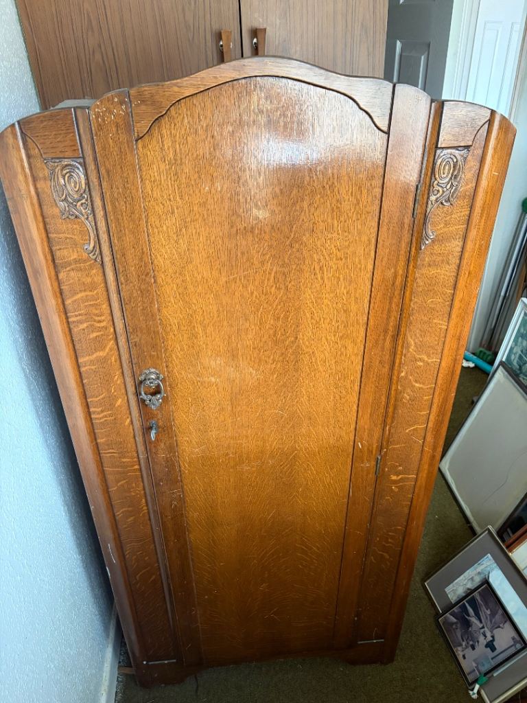 Vintage Wooden Wardrobe with Carved Details – Good Condition