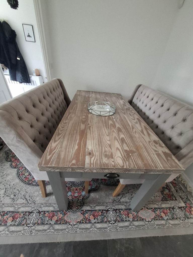 Wooden Table with draws and x 2 benches 