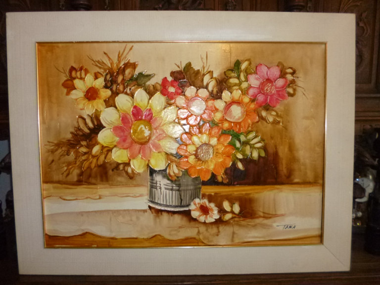 Beautiful Oil Painting on Canvas Flowers in Vase signed Tana 65 x 85 cm