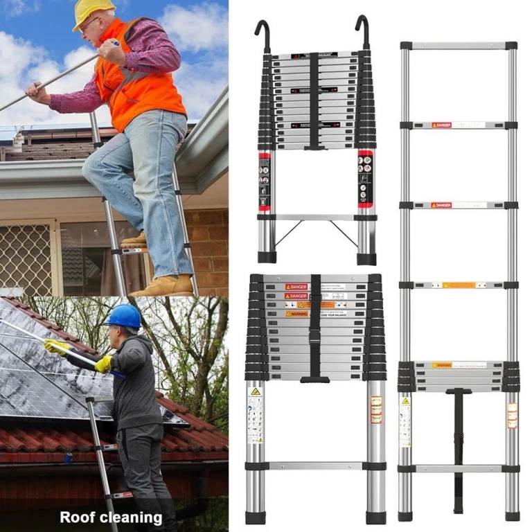 5M Telescopic Ladder with Hooks 16.5FT Multi-Purpose Stainless Steel Portable Sturdy EN131 Standard