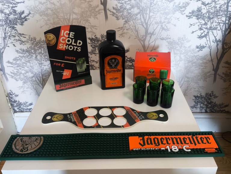 Jägermeister Bar Set with Shot Glasses and Mat – Good Condition