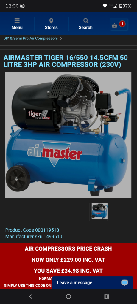Airmaster Tiger 16/550 14.5cfm 50 Litre 3HP Air Compressor (230V)
