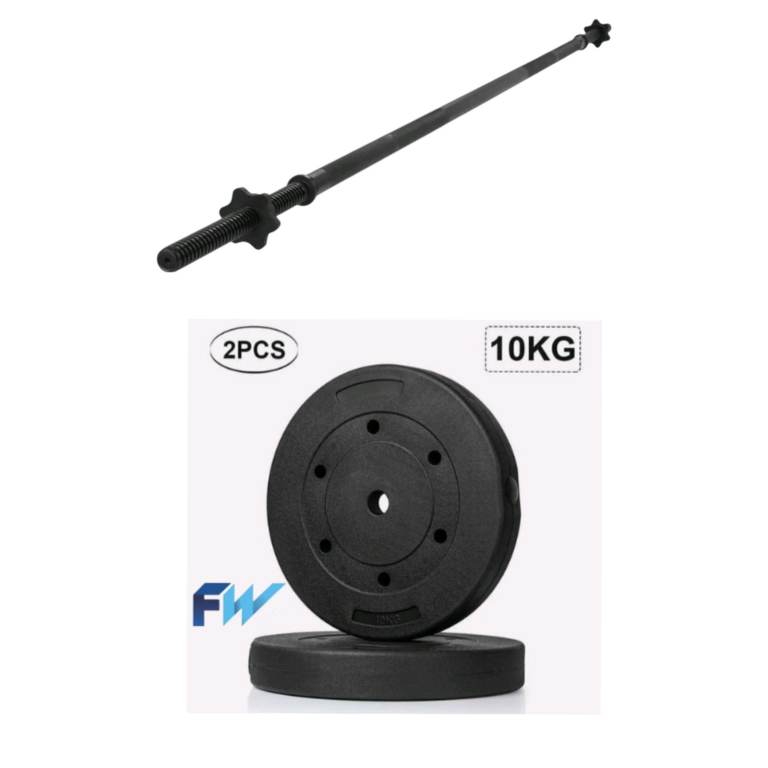2 x 10kg vinyl weight plates brand-new in boxes and a free 5ft Barbell Bar