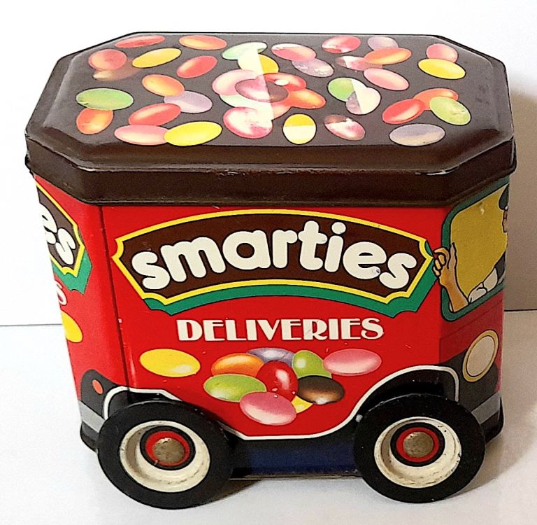 COLLECTABLE LIDDED TIN - SMARTIES DELIVERIES VAN SHAPE 11 x 10 x 7 cm GOOD