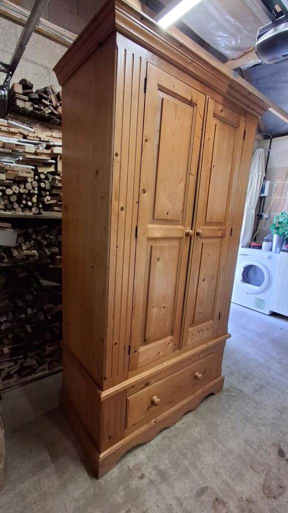 Solid pine double door wardrobe with drawer