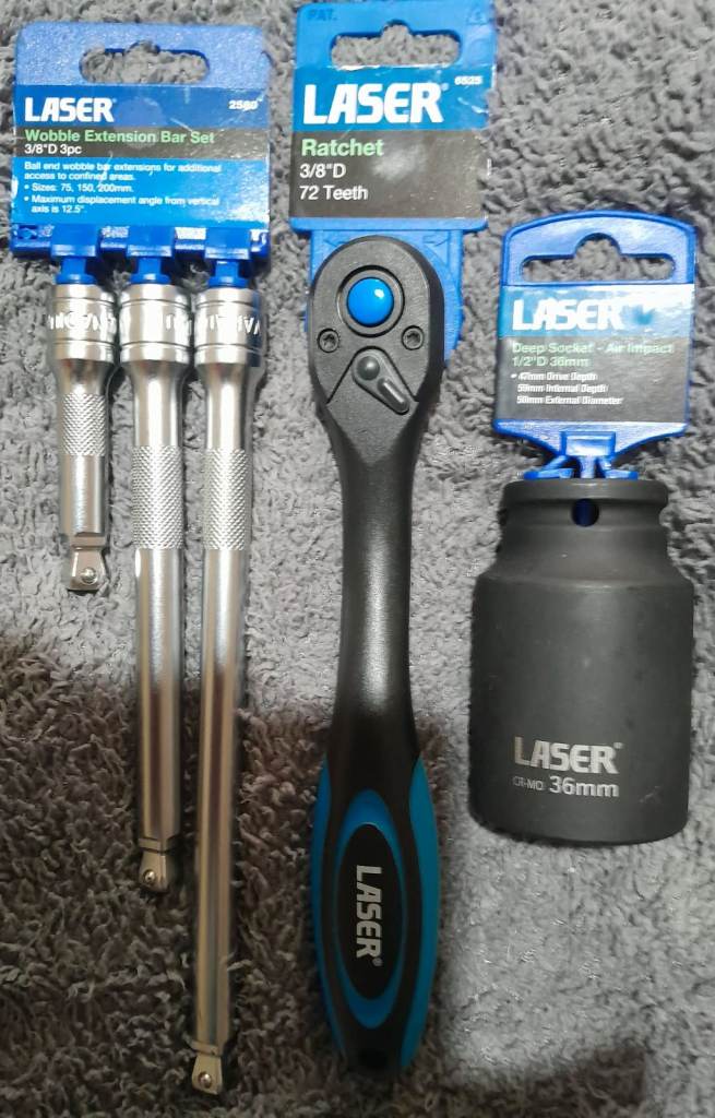 NEW! Set Of 3 Laser 3/8" Ratchet Handle, 1/2" Drive 36mm Air Impact Socket, 3 Extension Bar Set