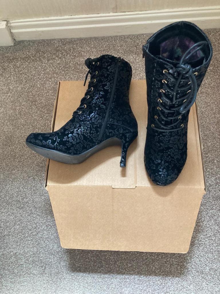 Stunning Black Velvet Lace-Up Ankle Boots – As Good As New