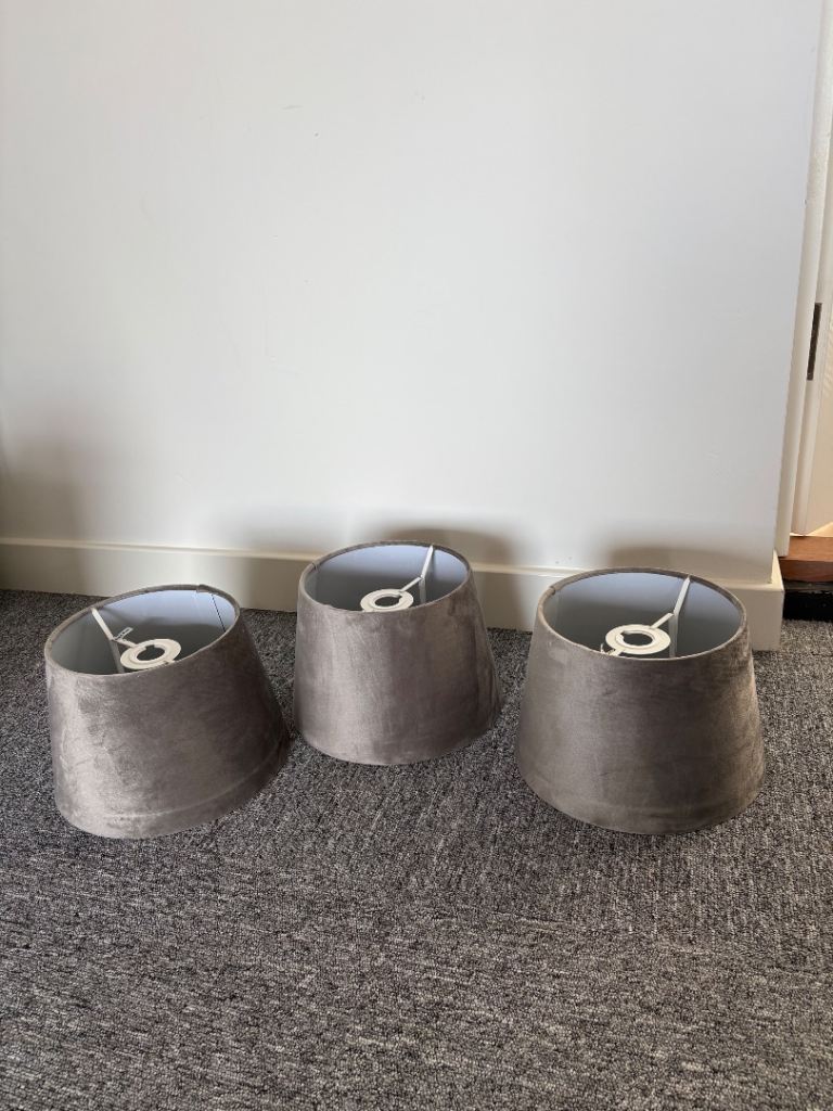 Set of 3 Grey Velvet Lamp Shades, Good Condition
