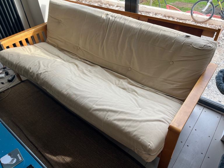 Wooden Futon Sofa Bed with Beige Mattress - Good Condition