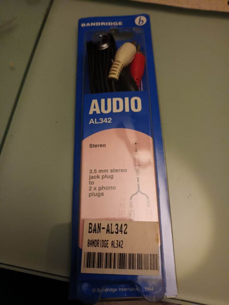 3.5mm (1/8") stereo jack to 2x RCA (phono) plug cable commonly used connect portable devices PO6 1AZ