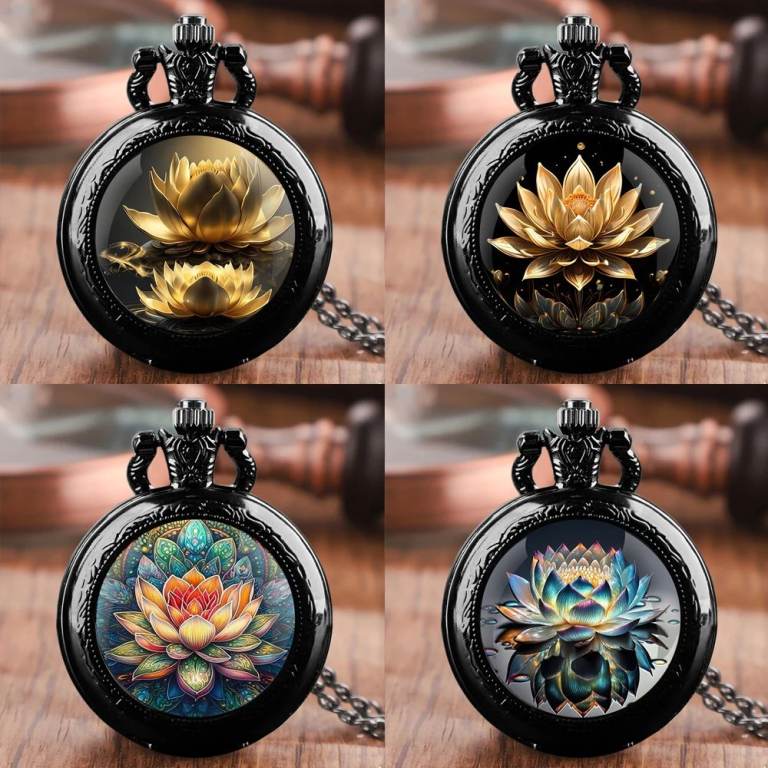 Vintage Lotus Mandala Pocket Watch – Elegant Quartz Necklace Pendant Gift for Men, Women & Kids
