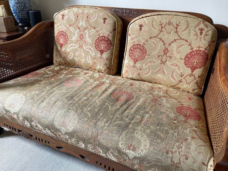 Vintage Wooden 2-Seater sofa and 2 Armchairs with Cane Sides