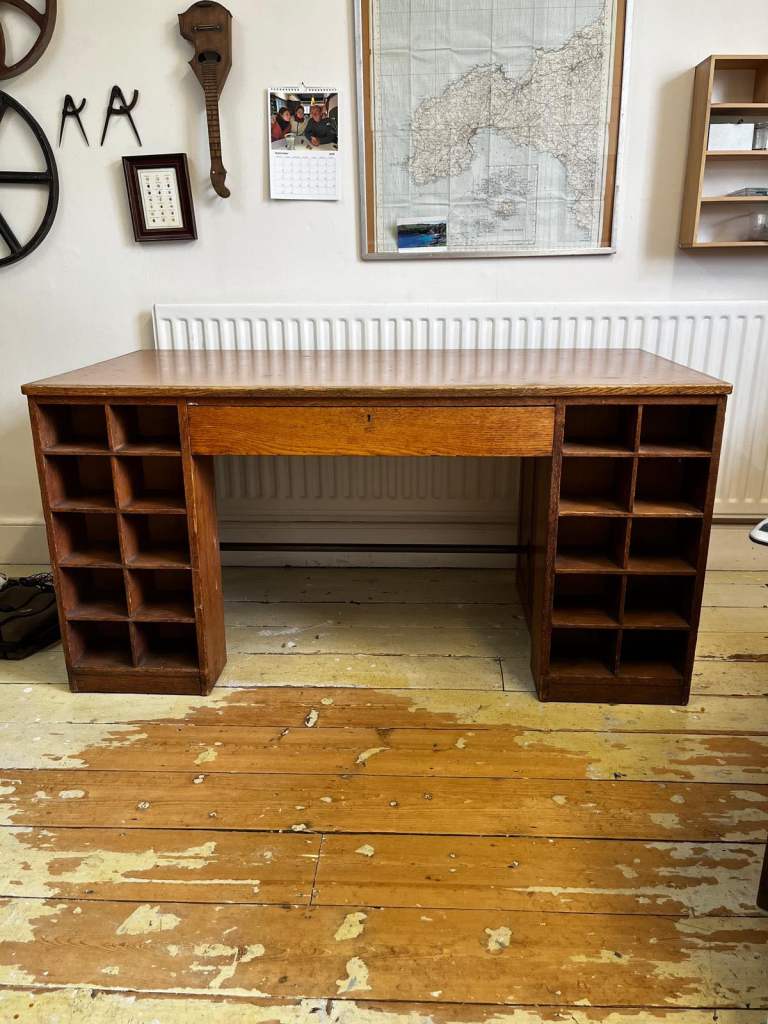 Unusual Vintage Oak Cubbyhole Desk with Drawers and Cupboard