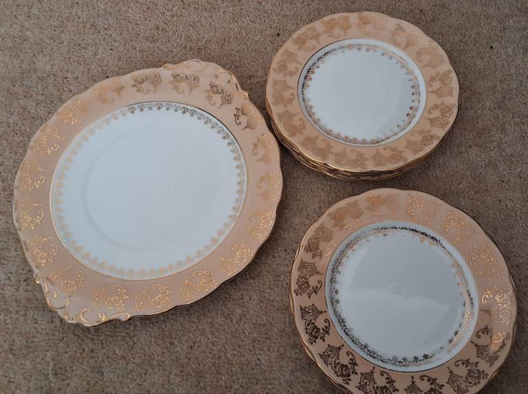Cake plate with seven small plates, fine bone china