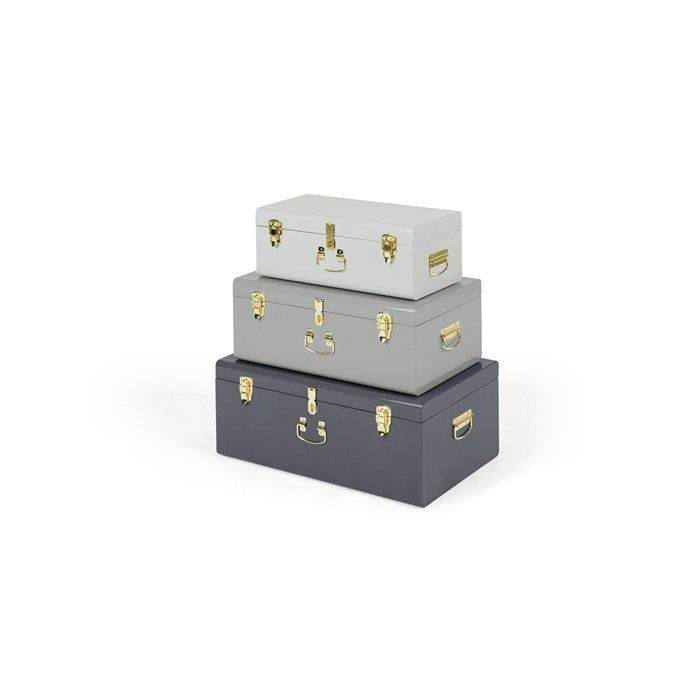 3x tonal grey metal chests / trunks (made[dot]com)