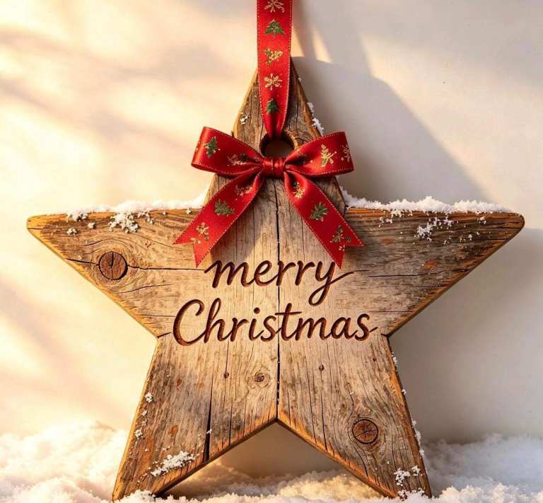 Lovely wooden star decoration with 'Merry Christmas' engraved